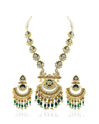 Handmade Kundan Bridal Necklace Set, Green Pearl Gold Statement Wedding Jewelry