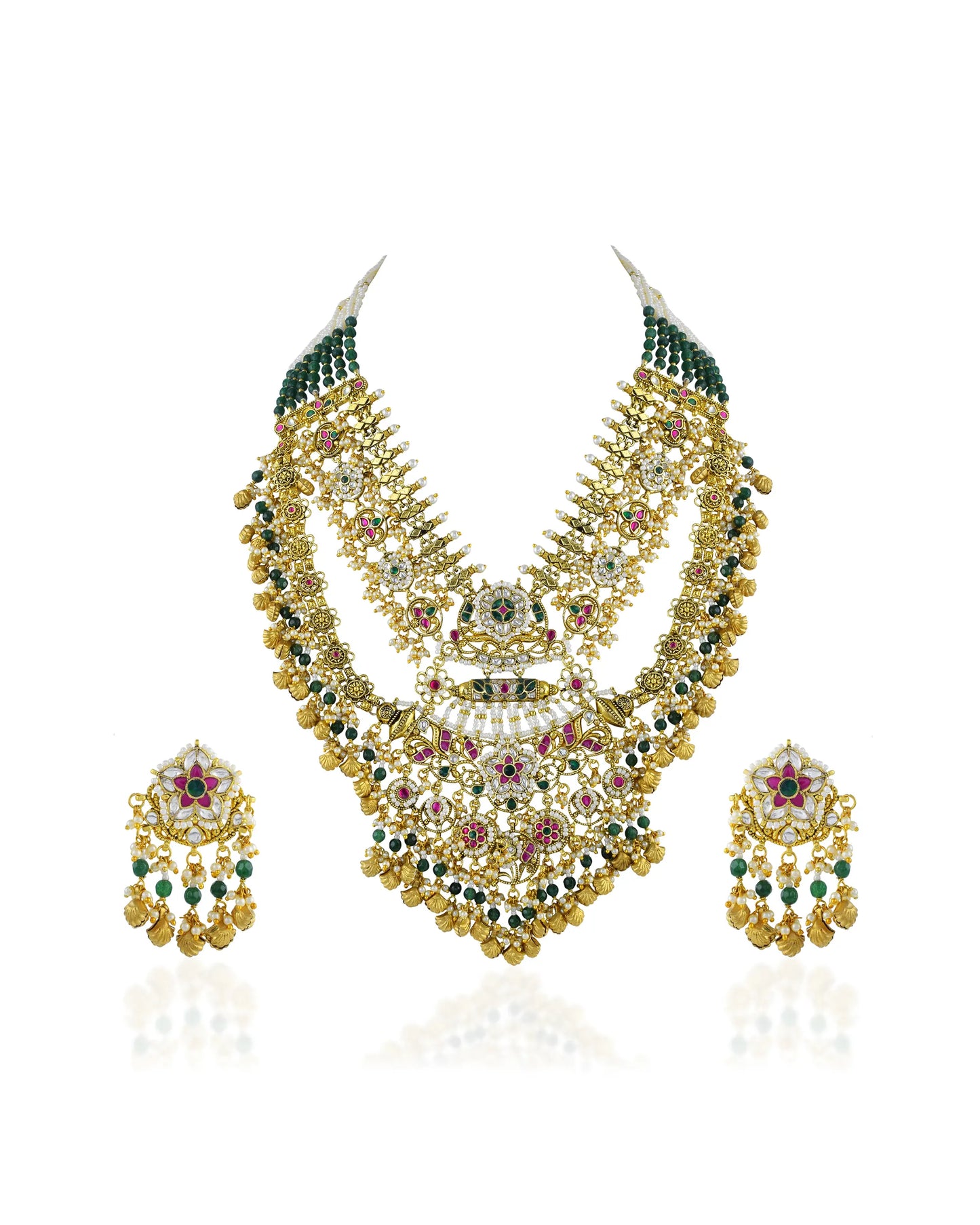 Antique Gold Plated Kundan Polki Necklace Earrings Set, Traditional Indian Bridal Jewelry
