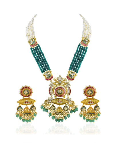 Green Kundan Bridal Necklace Set, Multi Strand Pearl, Antique Gold Indian Wedding Jewelry