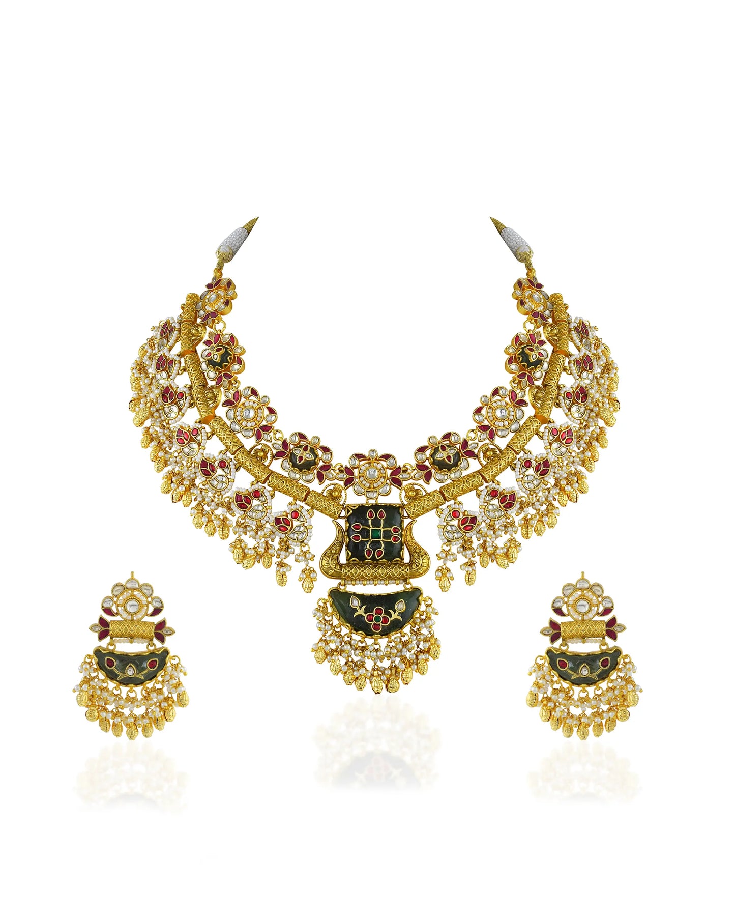 Indian Bridal Necklace Set, Gold Tone Kundan Meenakari Jewelry, Wedding Statement Piece