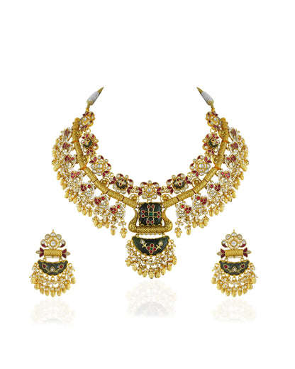 Indian Bridal Necklace Set, Gold Tone Kundan Meenakari Jewelry, Wedding Statement Piece