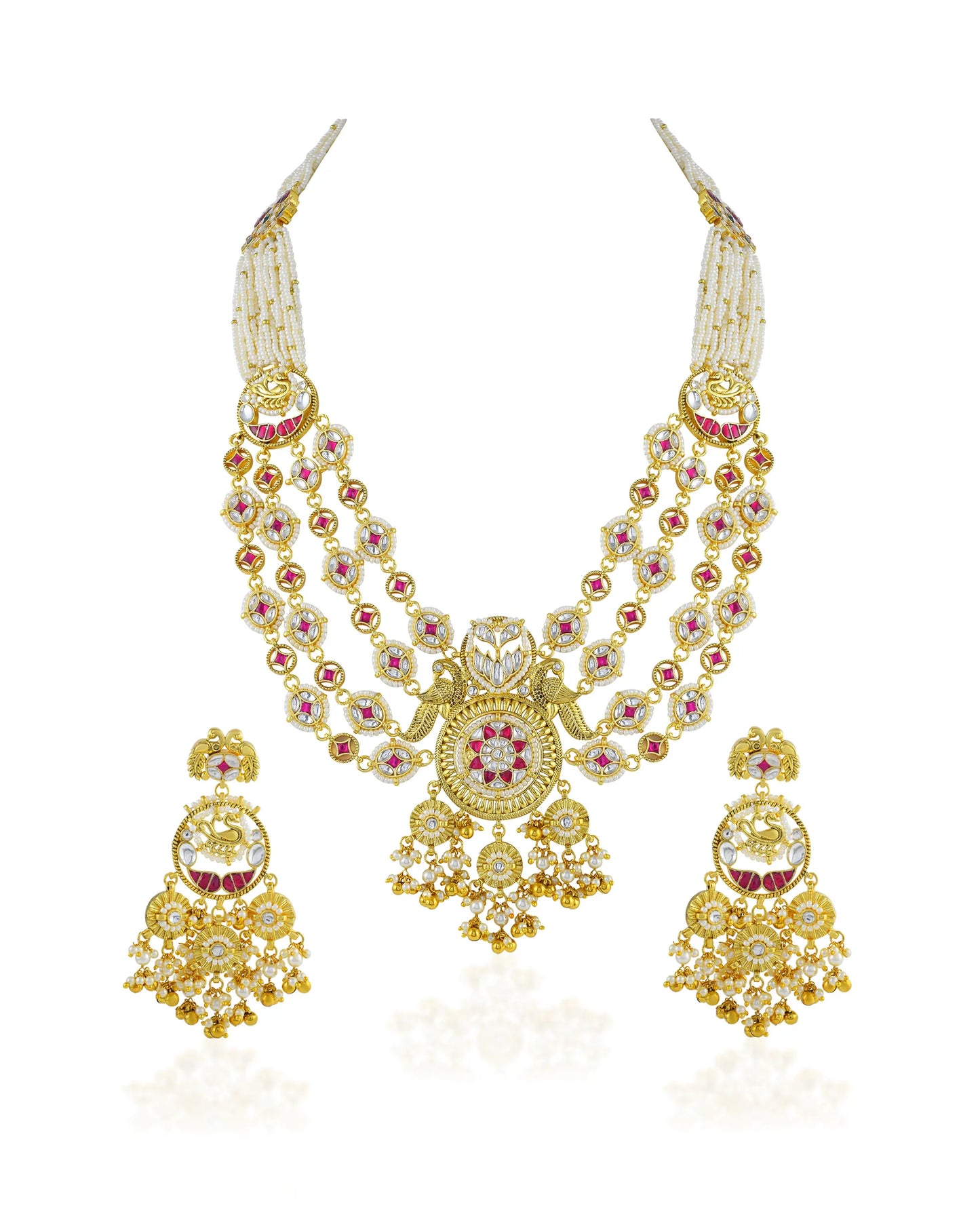 Multi-Layer Pearl Kundan Necklace Set – Gold Plated Ethnic Bridal Jewelry