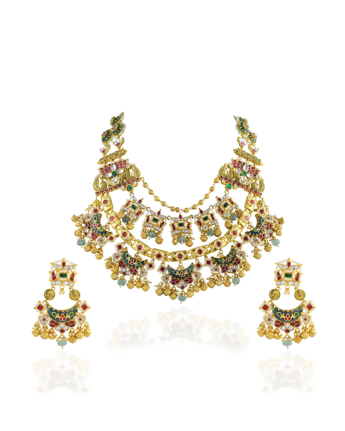Antique Gold Kundan Meenakari Bridal Necklace Set, Indian Wedding Jewelry