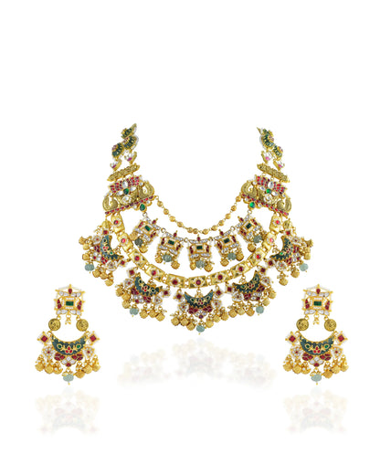 Antique Gold Kundan Meenakari Bridal Necklace Set, Indian Wedding Jewelry