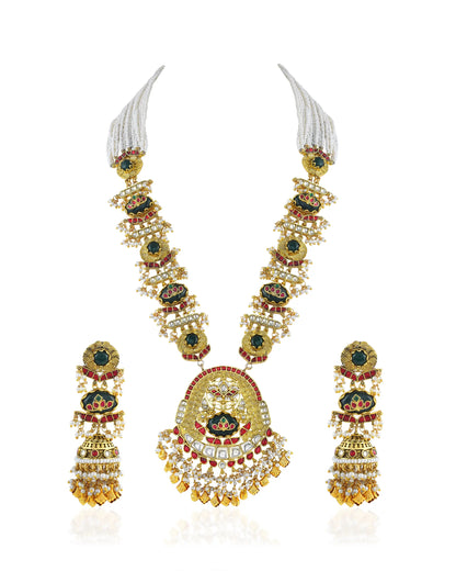 Antique Gold Kundan Bridal Necklace Set, Green Red Stones, Rajasthani Pearl Haar