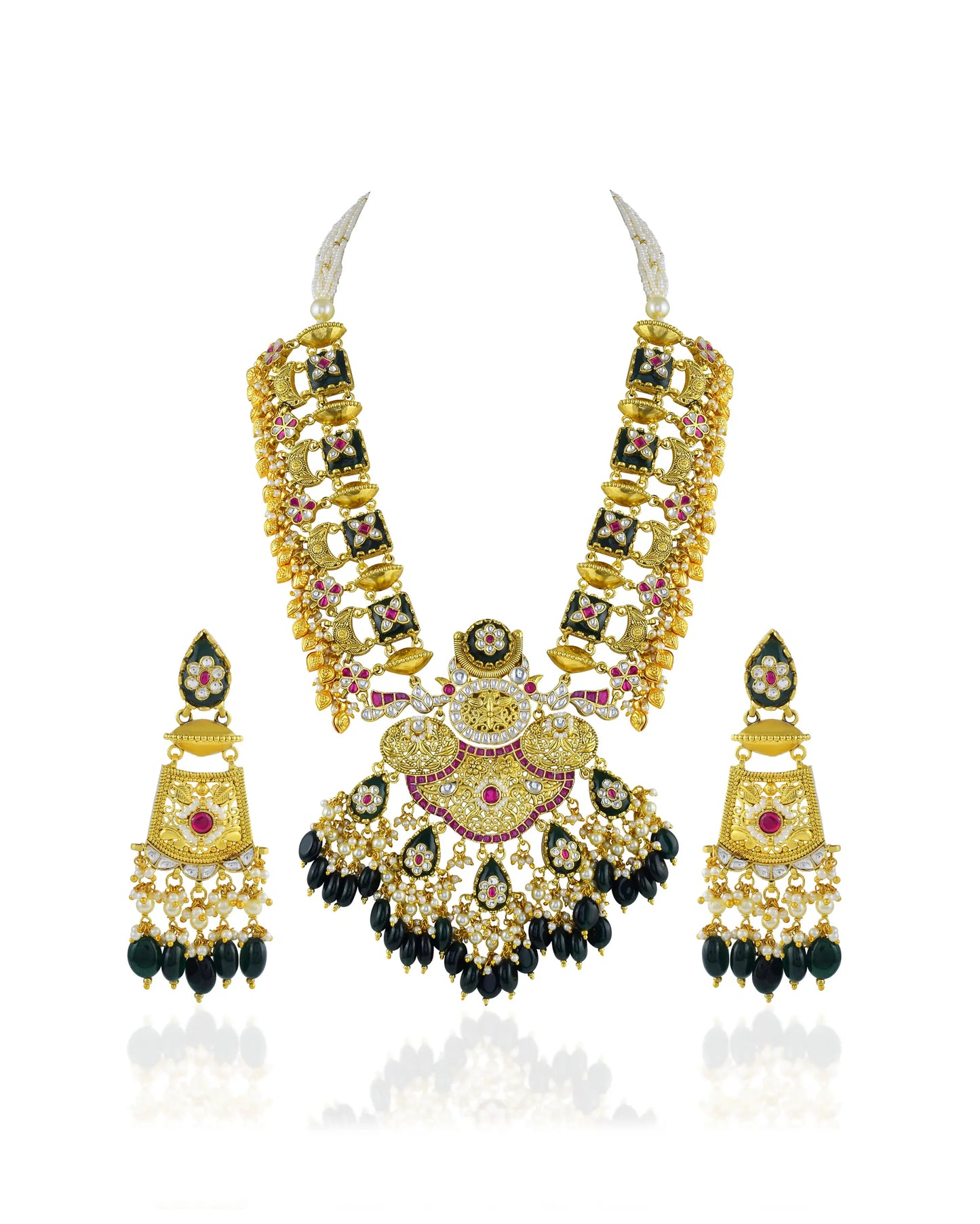 Antique Gold Kundan Meenakari Bridal Necklace Set with Earrings | Indian Wedding Jewelry