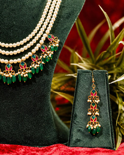 Handcrafted Kundan Raani Haar Set  Pearl Necklace with Green Bead Earrings, Traditional Indian Bridal Jewelry