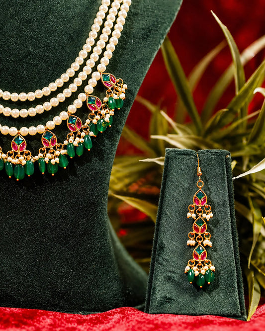 Handcrafted Kundan Raani Haar Set  Pearl Necklace with Green Bead Earrings, Traditional Indian Bridal Jewelry