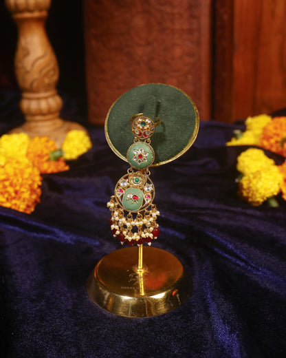 Handmade Gold Plated Kundan Pearl Meenakari Statement Ring, Pink Green Ethnic Bridal Jewelry
