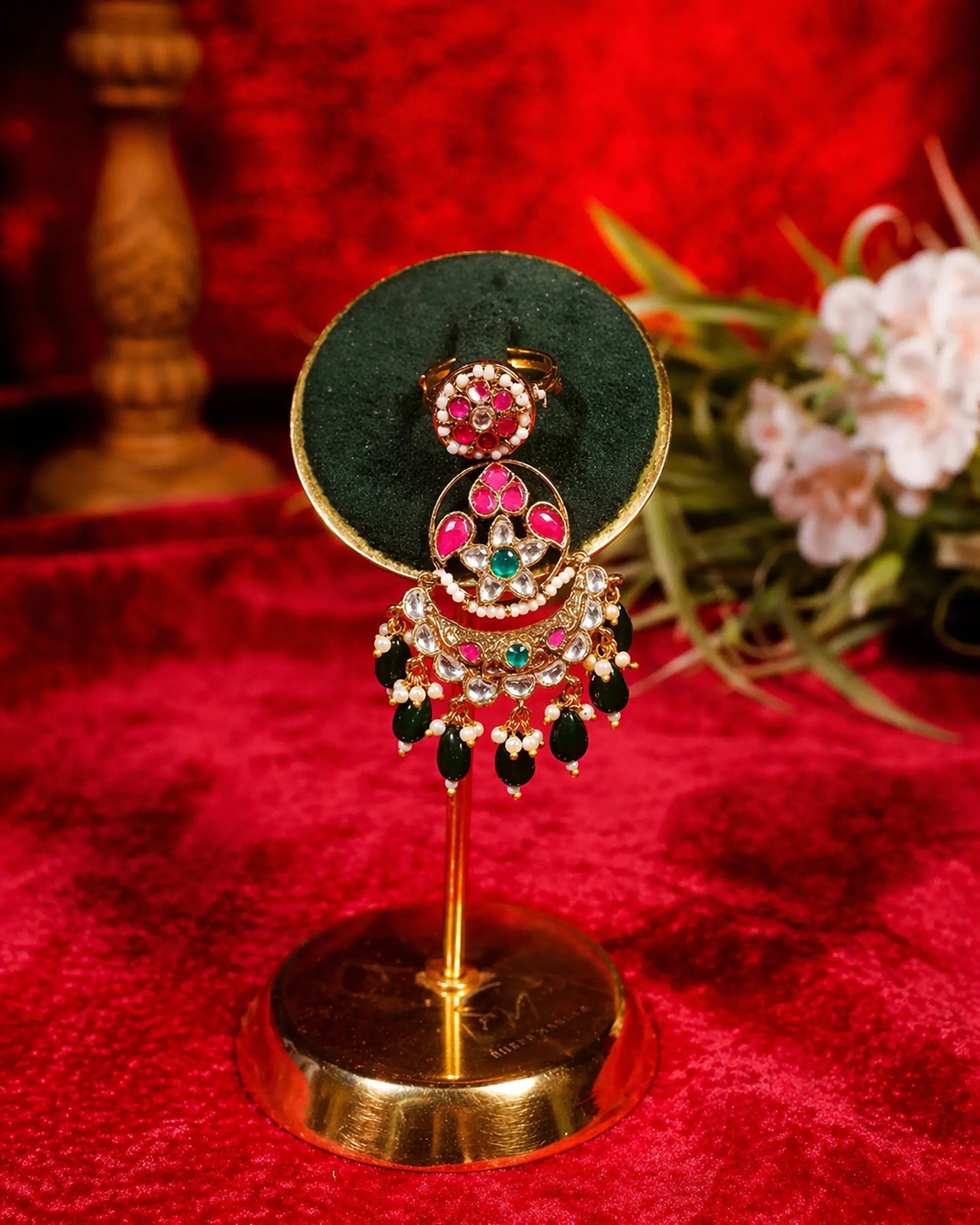 Kundan Adjustable Ring, Traditional Indian Statement Ring, Gold Plated Ethnic Pearl Beaded Cocktail Ring