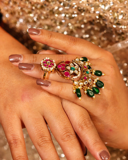 Kundan Adjustable Ring, Traditional Indian Statement Ring, Gold Plated Ethnic Pearl Beaded Cocktail Ring