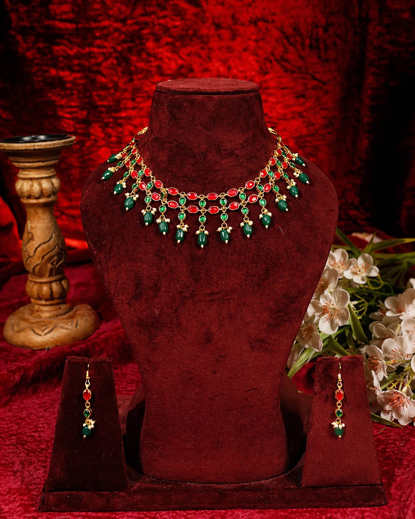 Handmade Afghan Kuchi Necklace Set, Tribal Boho Statement Jewelry, Red Green Beaded Choker Necklace with Earrings, Festival Jewelry Gift