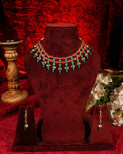 Handmade Afghan Kuchi Necklace Set, Tribal Boho Statement Jewelry, Red Green Beaded Choker Necklace with Earrings, Festival Jewelry Gift