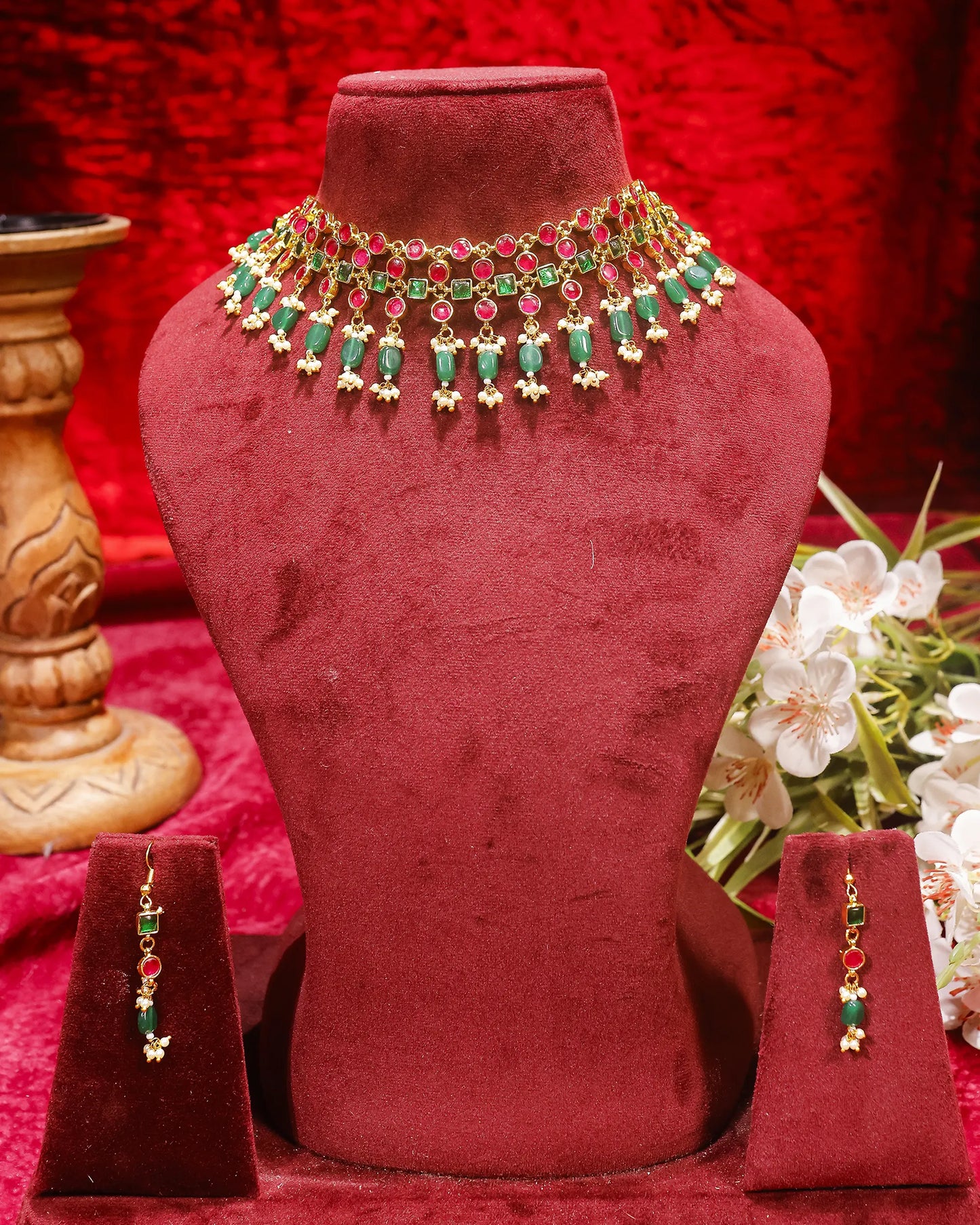 Traditional Kundan Choker Necklace Set with Earrings, Red Green Bridal Jewelry Set, Indian Wedding Necklace, Gold Statement Choker