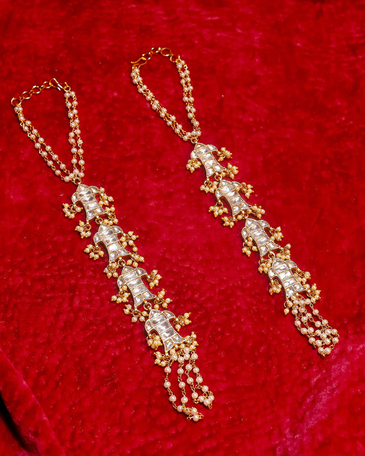 Kundan Pearl Hand Harness Bracelet for Women, Bridal Hathphool Jewelry