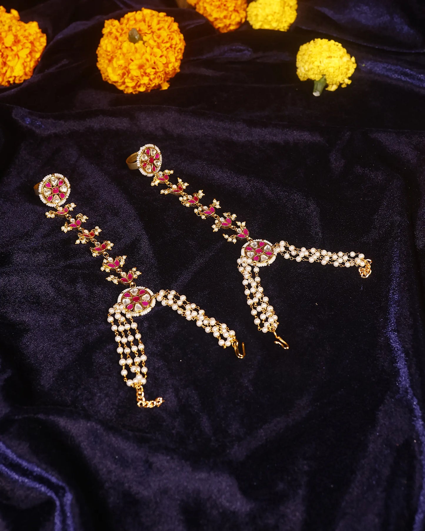 Kundan Pearl Hathphool Bracelet with Ring