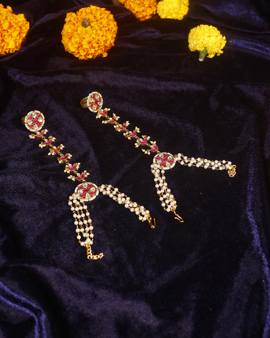 Kundan Pearl Hathphool Bracelet with Ring