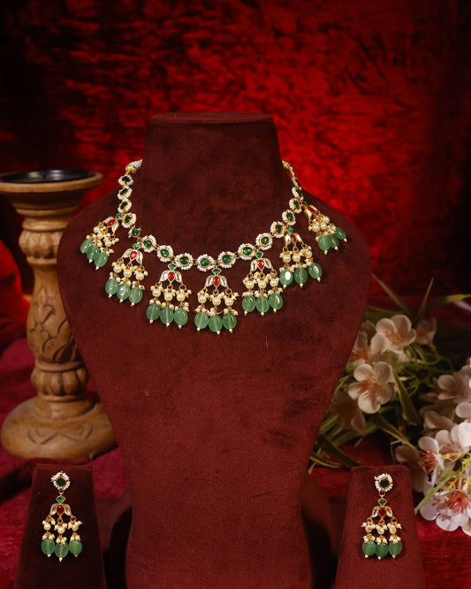 Kundan Green Stone Necklace Set with Earrings, Indian Bridal Jewelry Set, Gold Choker Necklace, Wedding Jewelry, Pearl Drop Ethnic Set