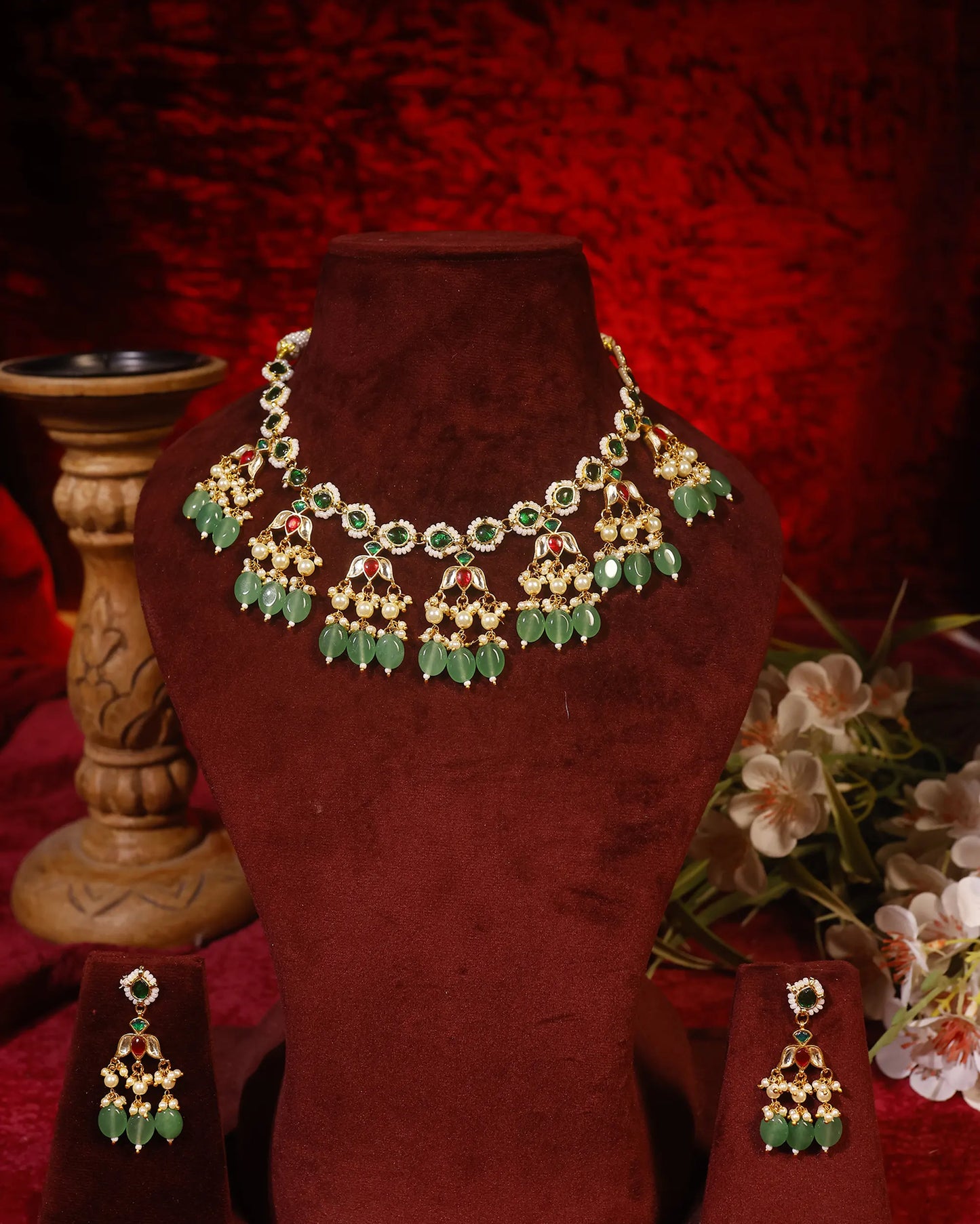 Kundan Green Stone Necklace Set with Earrings, Indian Bridal Jewelry Set, Gold Choker Necklace, Wedding Jewelry, Pearl Drop Ethnic Set