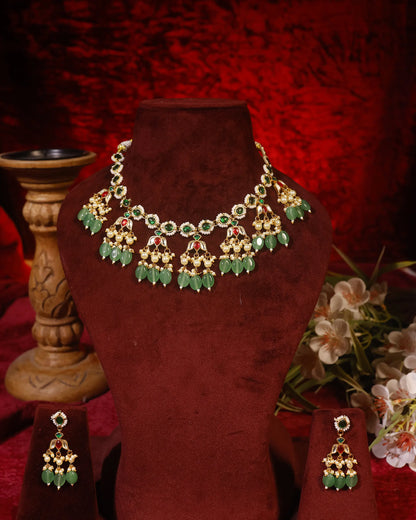 Kundan Green Stone Necklace Set with Earrings, Indian Bridal Jewelry Set, Gold Choker Necklace, Wedding Jewelry, Pearl Drop Ethnic Set