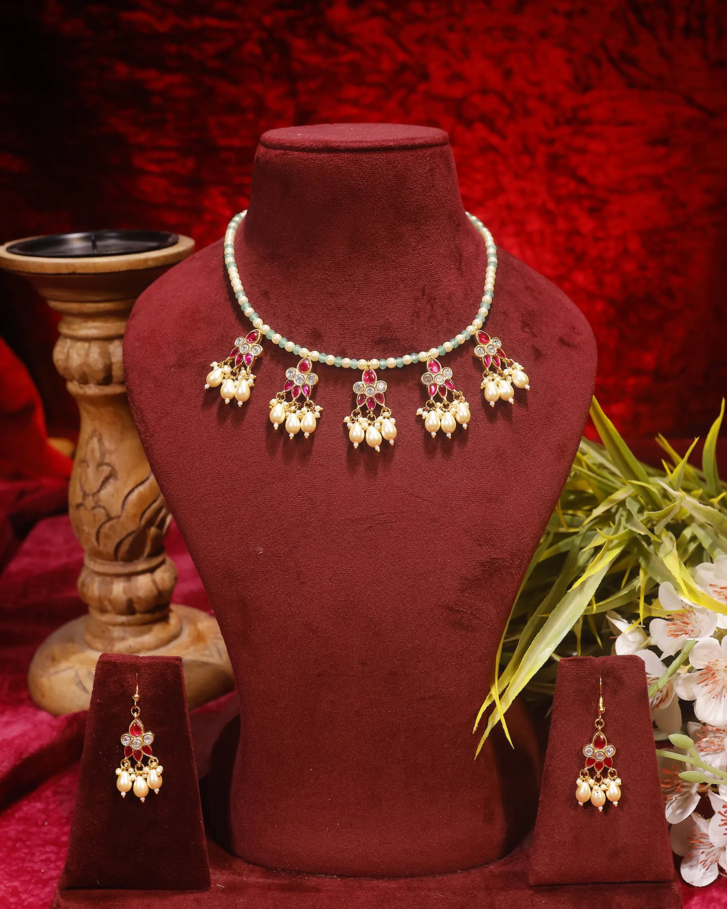 Pearl Necklace Set with Earrings, Traditional Indian Bridal Jewelry, Red Green Beaded Choker Set, Gold Plated Wedding Jewelry Gifts