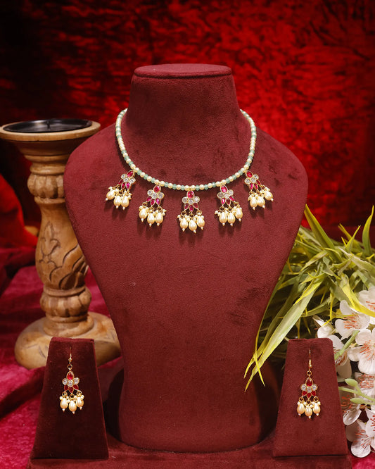 Pearl Necklace Set with Earrings, Traditional Indian Bridal Jewelry, Red Green Beaded Choker Set, Gold Plated Wedding Jewelry Gifts