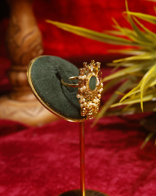 Traditional Kundan Adjustable Ring, Indian Bridal Statement Ring, Gold Plated Pearl Ethnic Cocktail Jewelry, Handmade Festive Ring