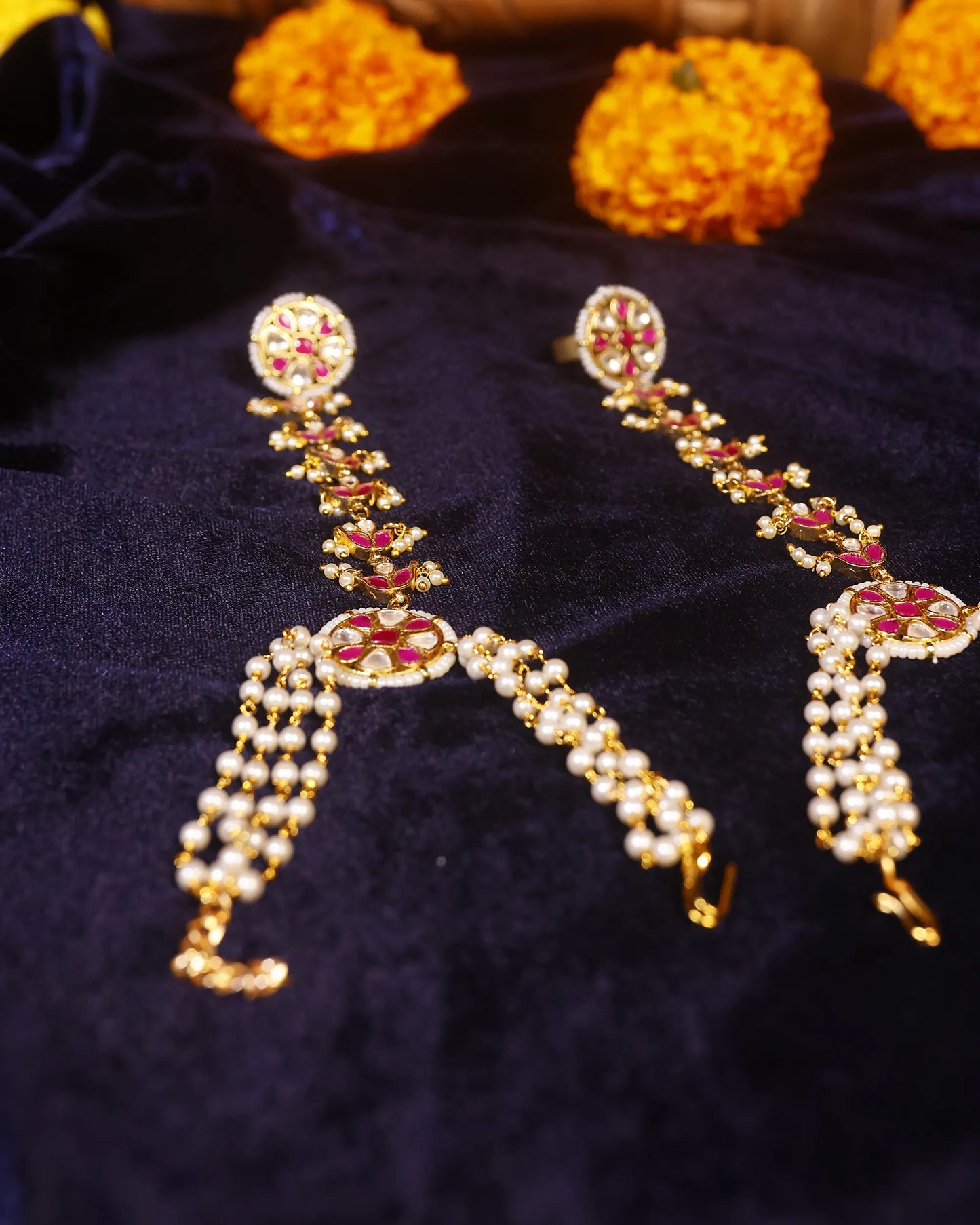 Kundan Pearl Hathphool Bracelet with Ring