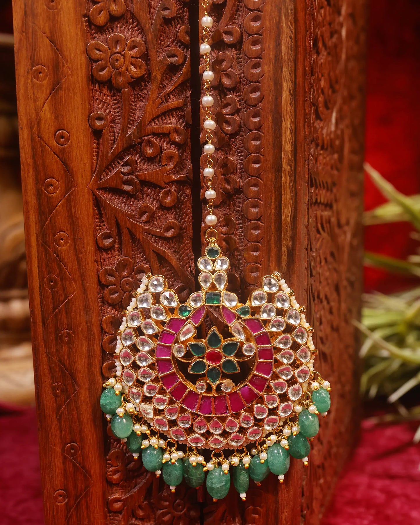 Kundan Pearl Bridal Maang Tikka, Green Wedding Headpiece