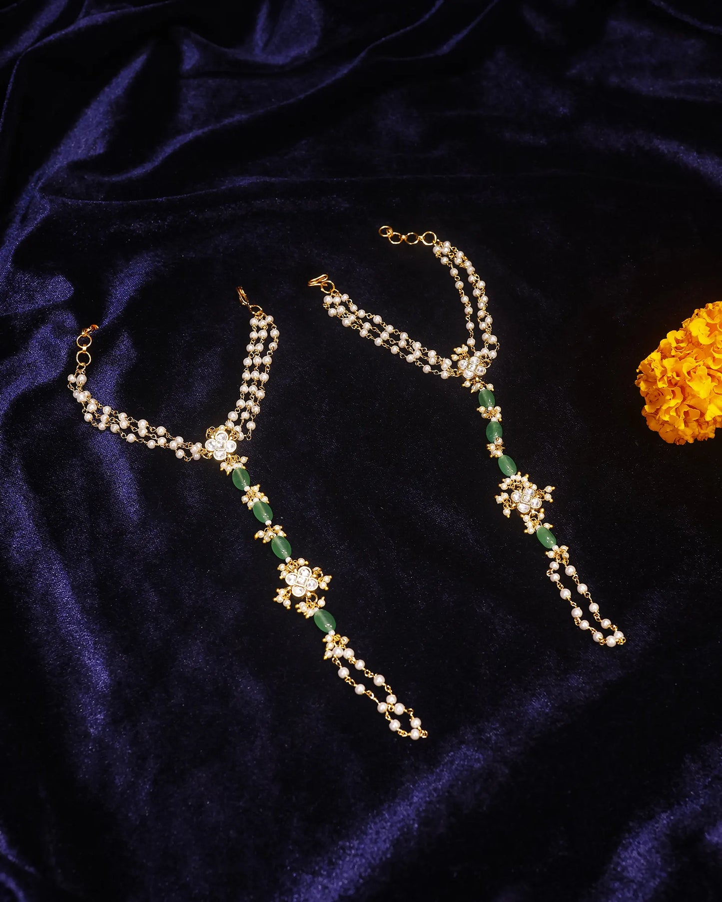 Kundan Pearl Hathphool with Green Beads