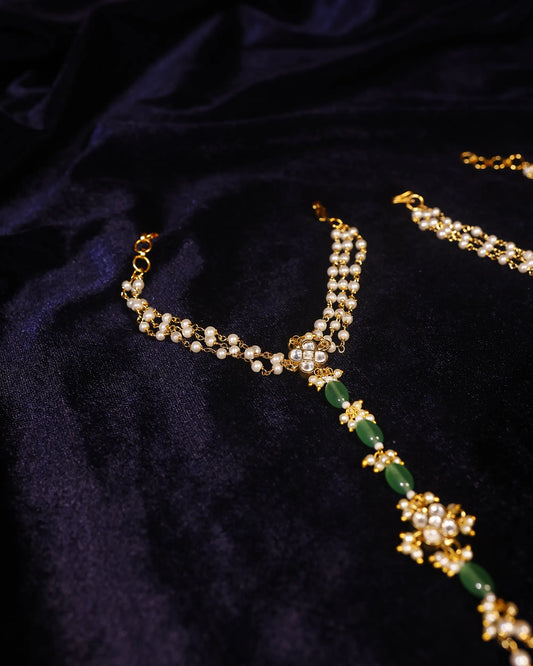 Kundan Pearl Hathphool with Green Beads