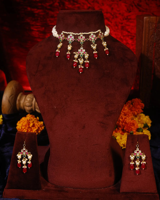 Handmade Choker Necklace Set with Earrings, Pearl Strand Indian Wedding Jewelry, Polki Gold Choker, Ethnic Jewelry Gifts
