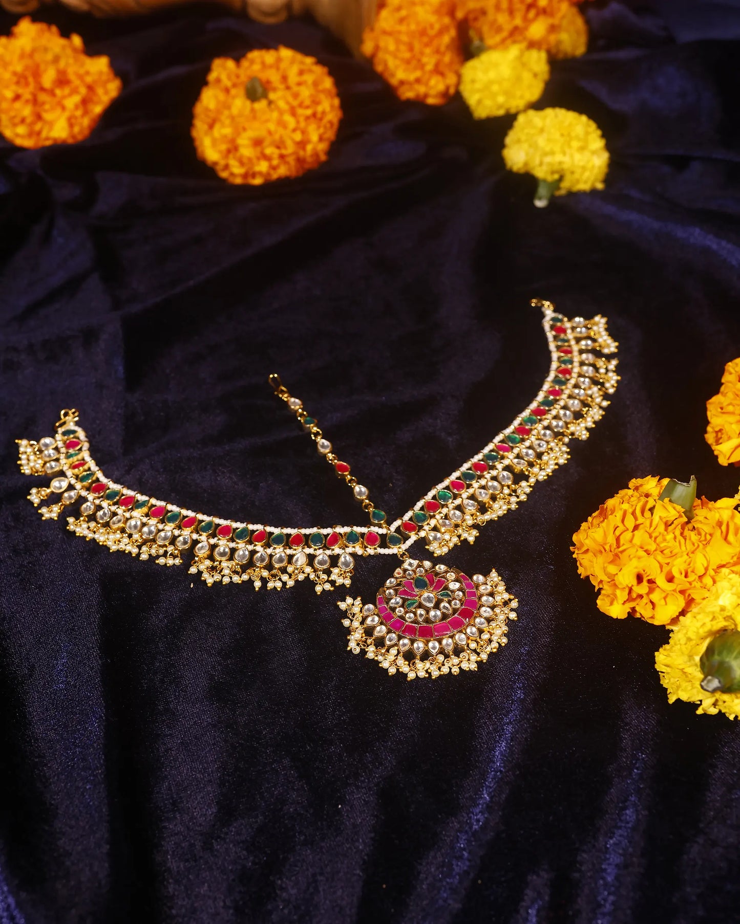 Bridal Kundan Sheeshpatti Matha Patti with Pendant, Indian Wedding Head Jewelry, Gold Pearl Multicolor Headpiece