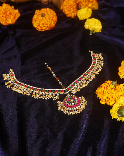 Bridal Kundan Sheeshpatti Matha Patti with Pendant, Indian Wedding Head Jewelry, Gold Pearl Multicolor Headpiece