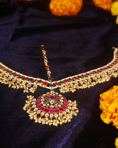Bridal Kundan Sheeshpatti Matha Patti with Pendant, Indian Wedding Head Jewelry, Gold Pearl Multicolor Headpiece