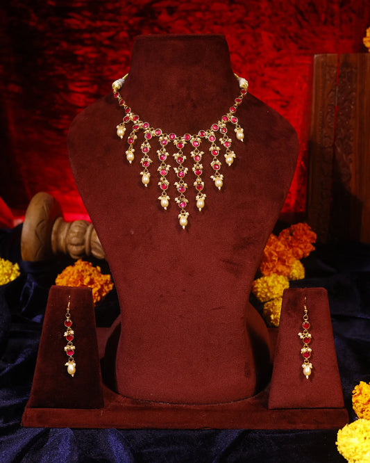 Red Stone Gold Necklace, Indian Bridal Necklace, Kundan Style Pearl Drop Necklace, Wedding Jewelry, Traditional Statement Choker