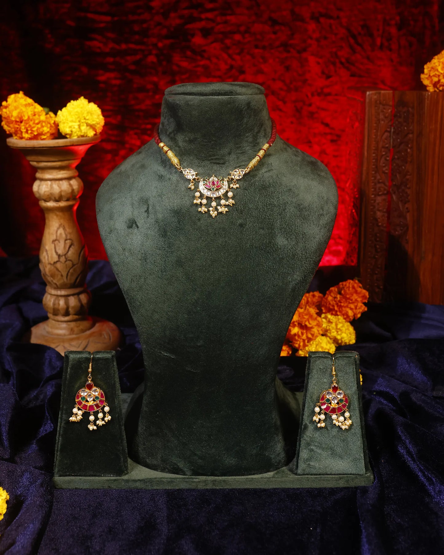 Ruby Red Thread Choker Necklace Set, Kundan Pearl Jewelry Set, Traditional Indian Necklace Earrings, Bridal Ethnic Jewelry Gift for Women