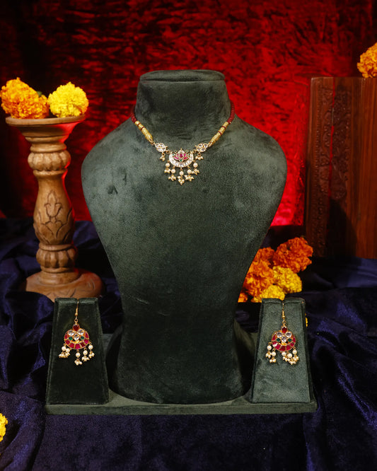Ruby Red Thread Choker Necklace Set, Kundan Pearl Jewelry Set, Traditional Indian Necklace Earrings, Bridal Ethnic Jewelry Gift for Women