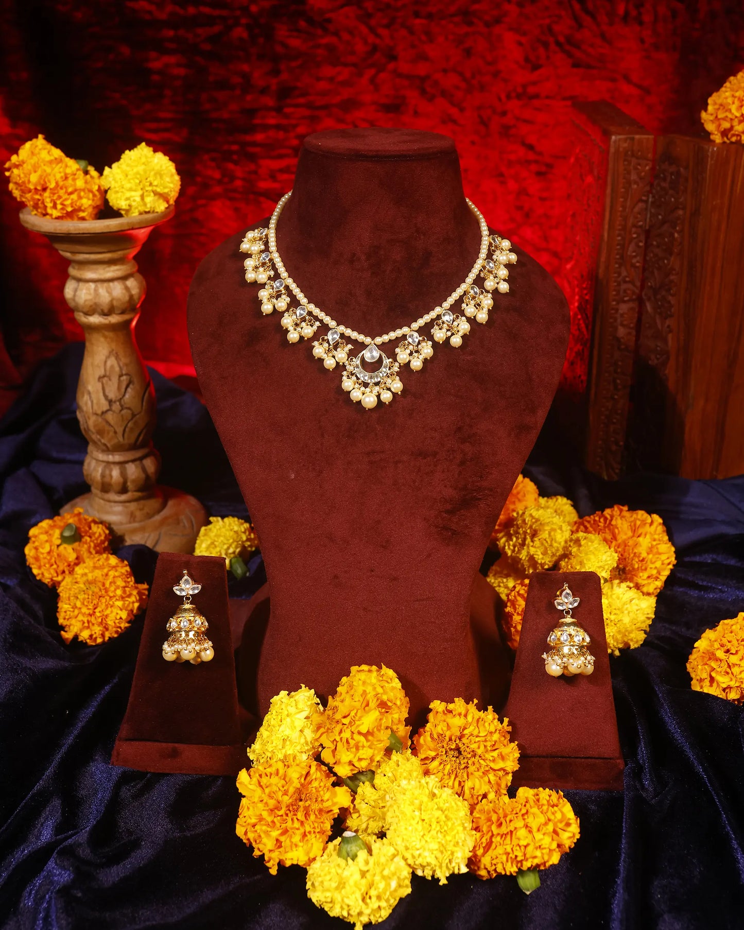 Pearl Kundan Necklace Set with Jhumka Earrings, Traditional Gold Jewelry Set, Bridal Wedding Necklace, Ethnic Pearl Jewelry Gift for Women