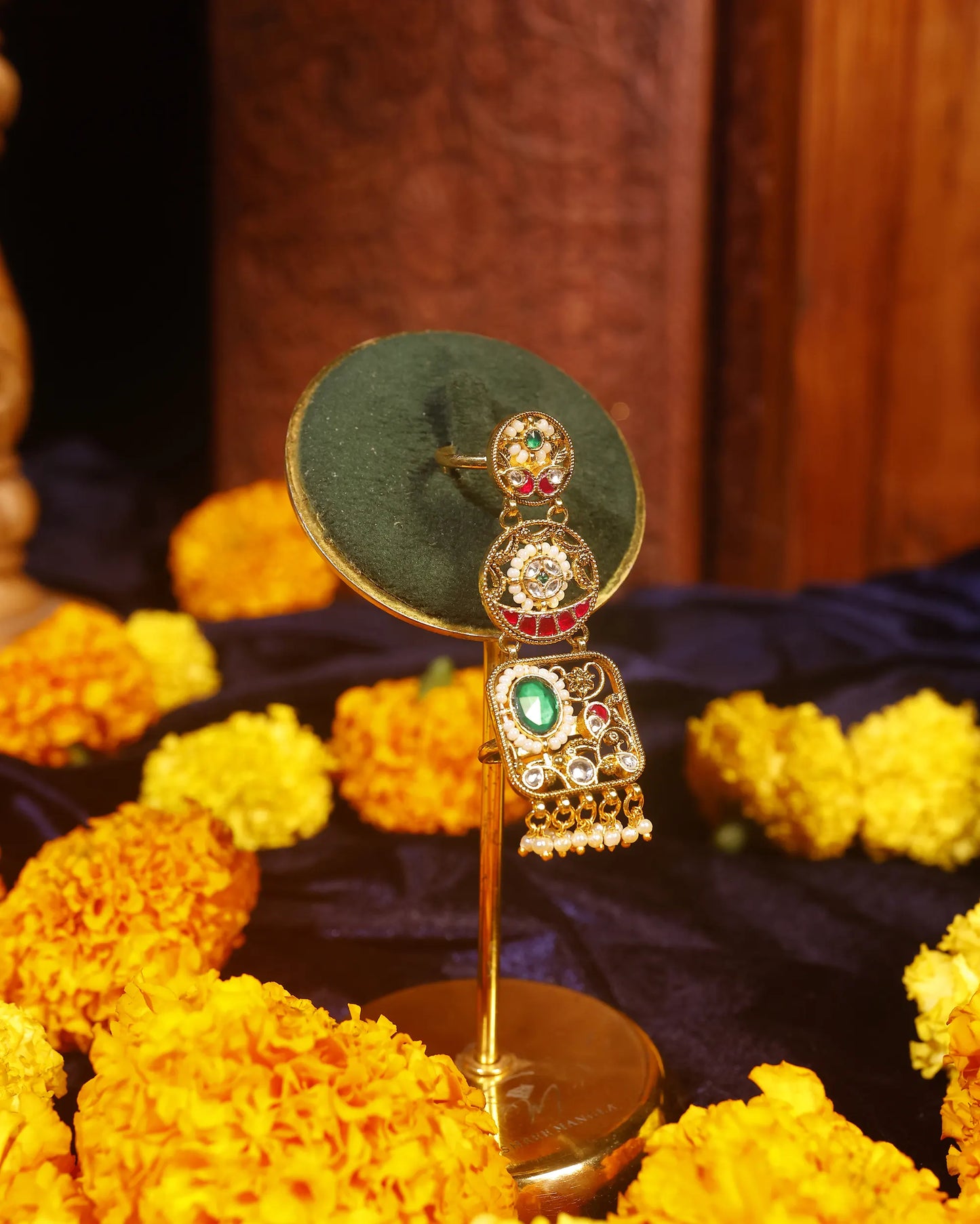 Red Meenakari Kundan Ring with Pearl Border, Antique Gold Adjustable Statement Ring Jewelry