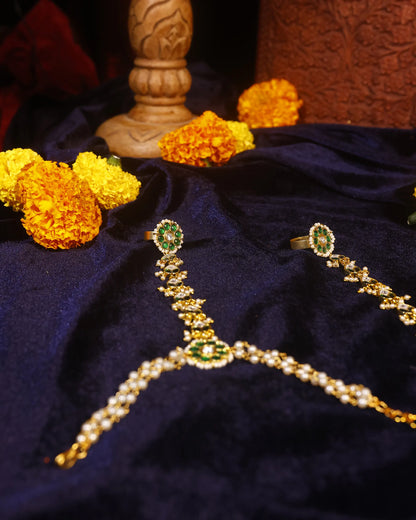 Kundan Pearl Hathphool Bridal Hand Harness, Green Stone Indian Hand Jewelry
