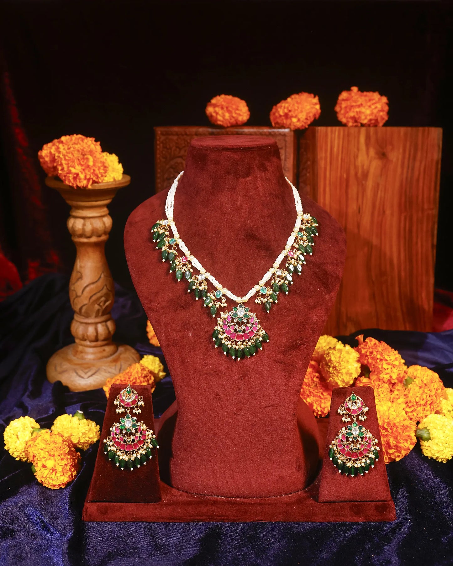 Red Green Kundan Necklace Set, Traditional Indian Bridal Jewelry, Adjustable Thread Necklace, Ethnic Gold Statement Necklace with Earrings