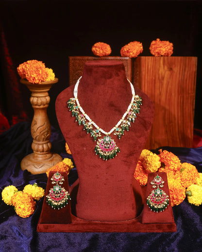Red Green Kundan Necklace Set, Traditional Indian Bridal Jewelry, Adjustable Thread Necklace, Ethnic Gold Statement Necklace with Earrings
