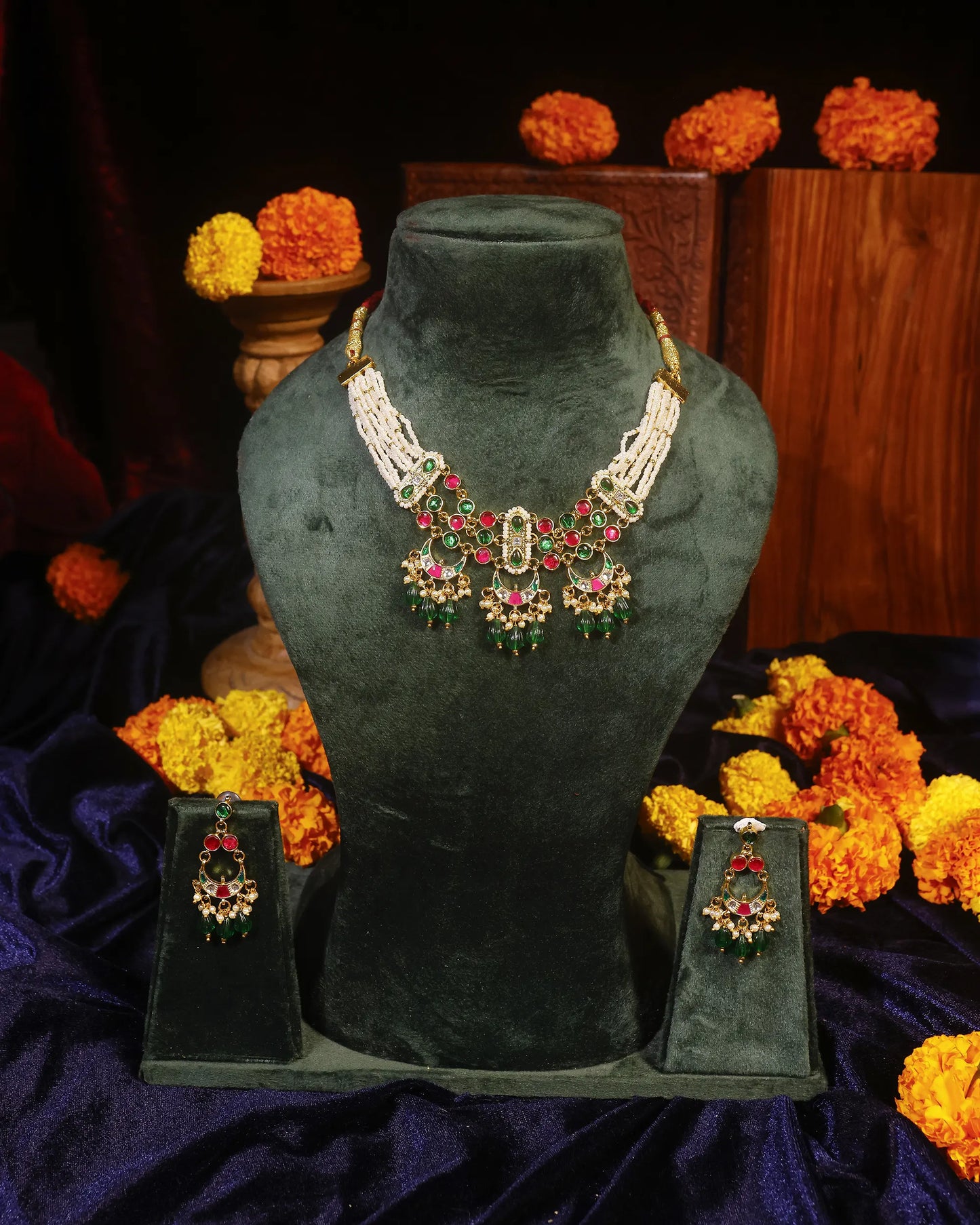 Kundan Pearl Choker Set, Indian Bridal Jewelry, Red Green Ethnic Choker, Traditional Wedding Necklace with Earrings, Navratri Jewelry