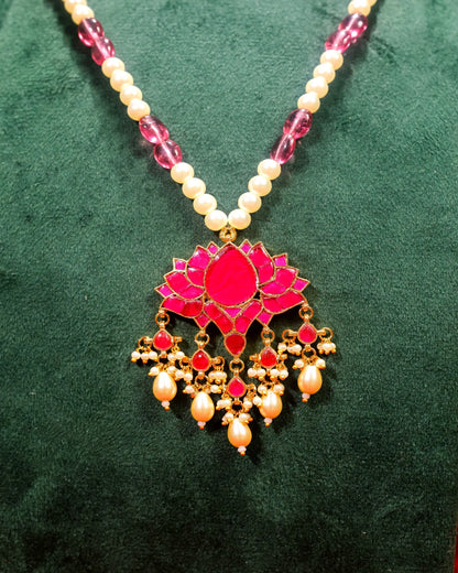 Pink Lotus Pearl Beads Long Pendant Necklace Set, Indian Bridal Jewelry, Kundan Ethnic Necklace, Lotus Pendant Jewelry, Wedding Pearl Mala