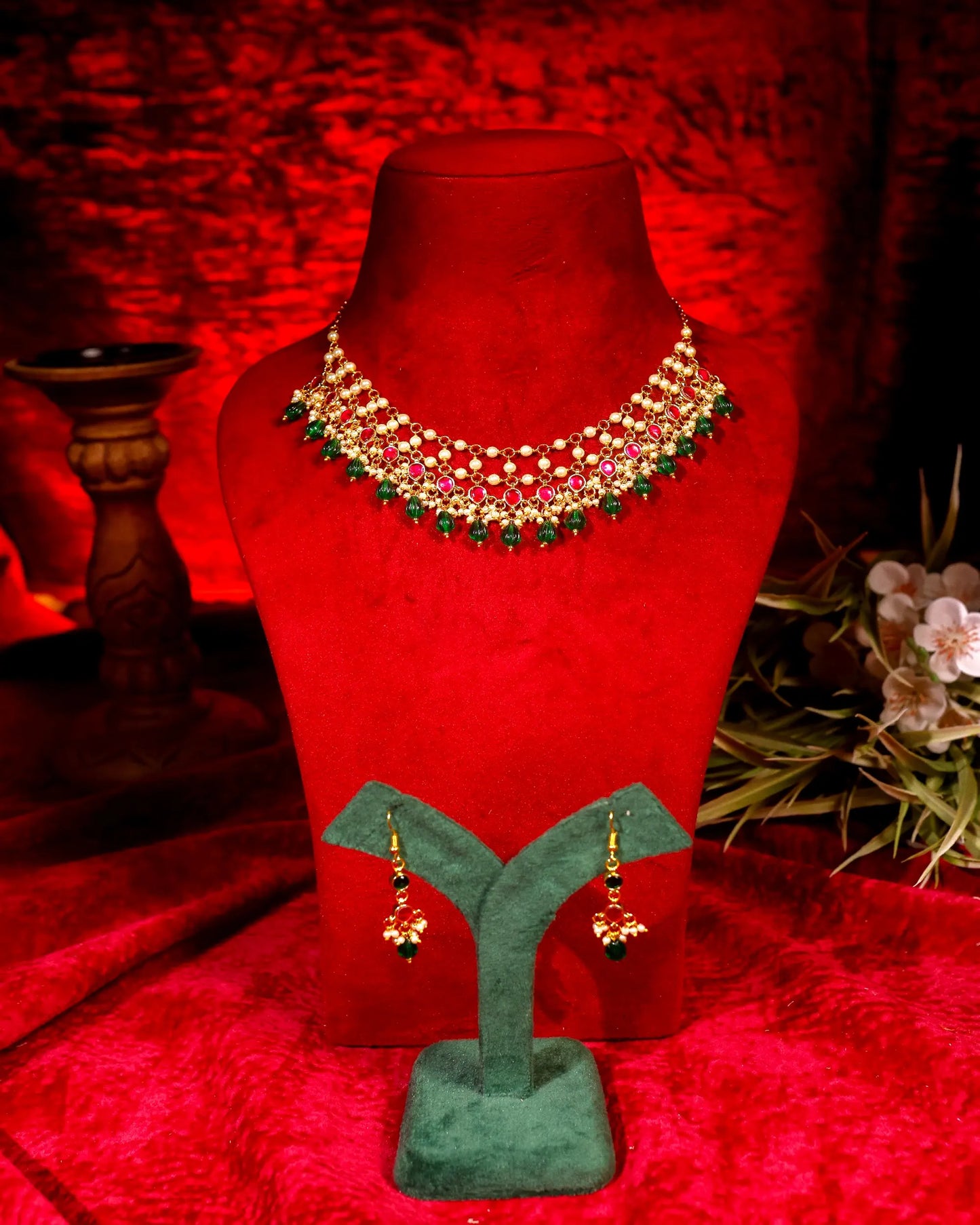 Kundan Pearl Necklace Set, Green Red Bridal Jewelry, Indian Wedding Necklace, Gold Plated Ethnic Jewelry