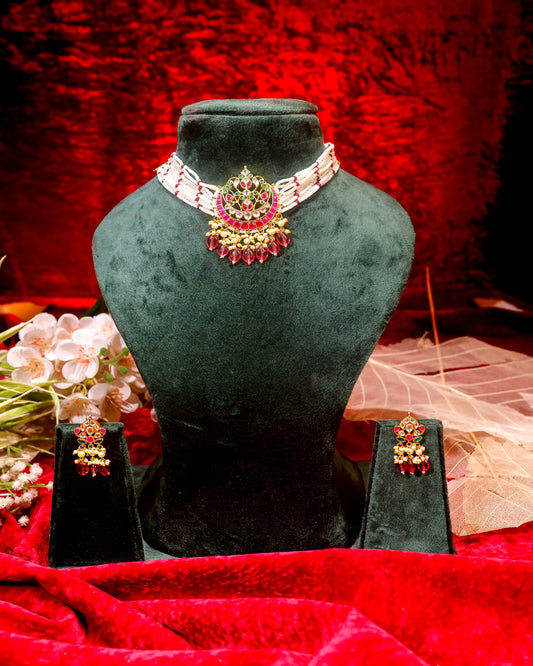 Pink Kundan Choker Necklace Set, White Pearl Multi Layer Necklace, Traditional Indian Wedding Jewelry, Meenakari Jewelry Set