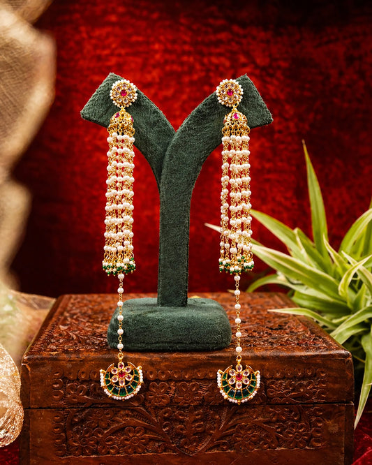 Kundan Jhumka Earrings with Pearl Tassels