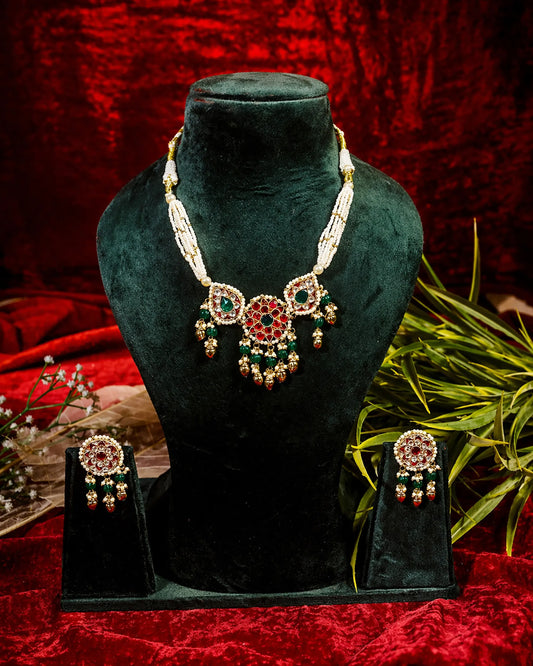 Handmade Kundan Choker Necklace Set, Pearl Beaded Indian Bridal Jewelry, Green Ruby Meenakari Choker, Traditional Wedding Necklace