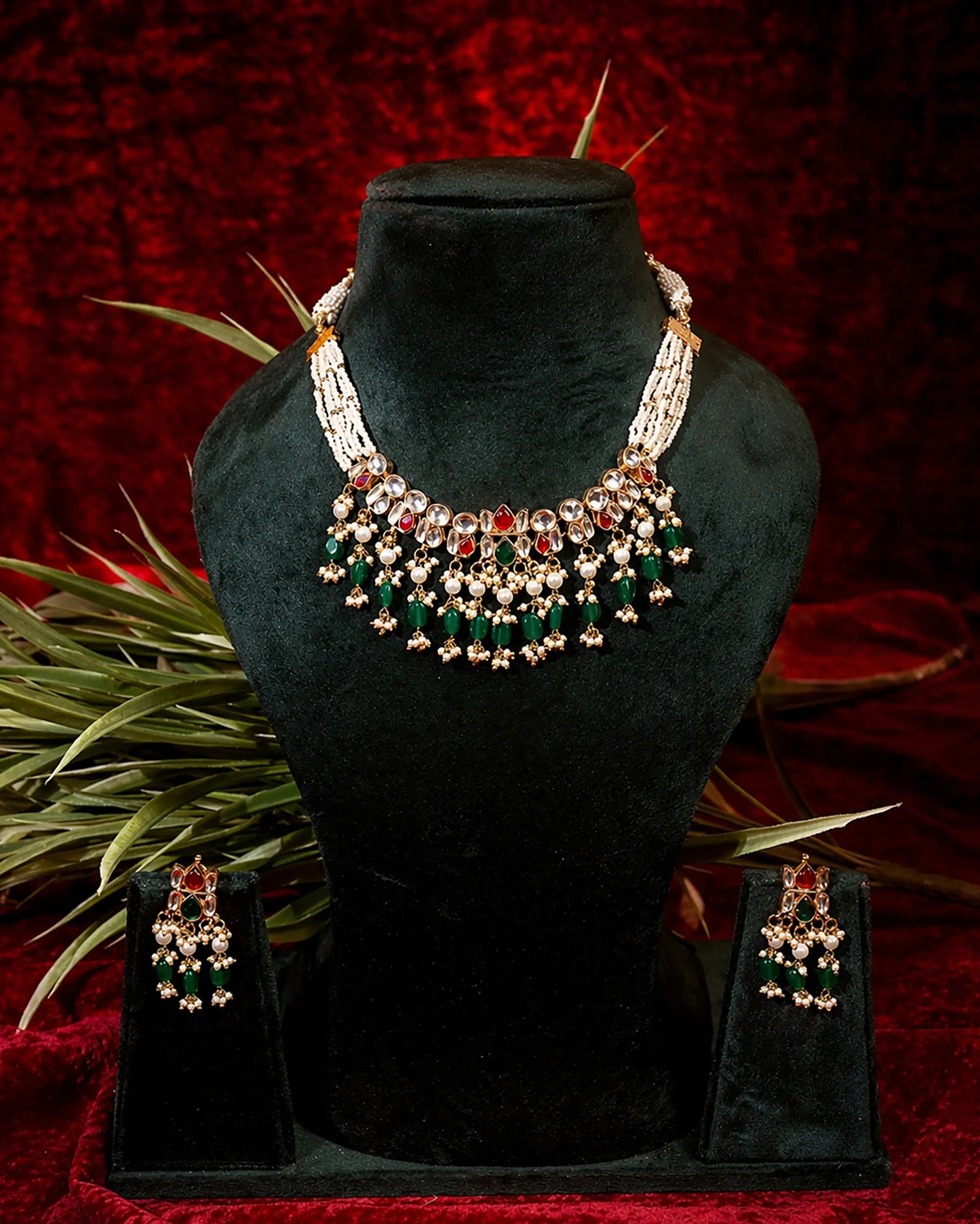 Kundan Pearl Choker Necklace Set, Green Ruby Bridal Jewelry, Indian Wedding Choker, Meenakari Necklace Set, Traditional Ethnic Jewelry
